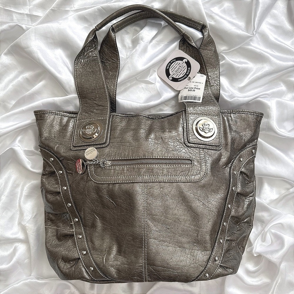 Kathy Van Zeeland Metallic Pewter Gray Studded Tote Bag NWT Crown Charm Shoulder